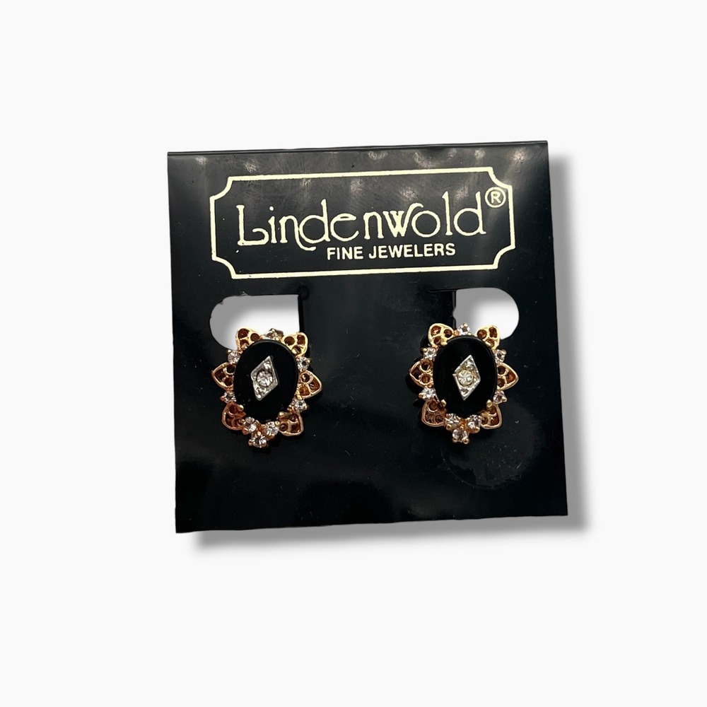 Lindenwold Fine Jewelers Gold Tone Black Cabochon Rhinestone Clip On Earrings